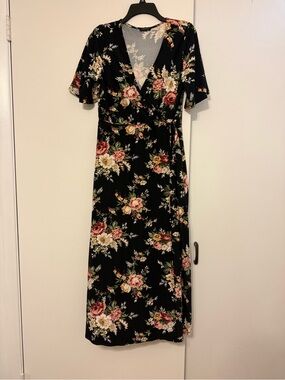 Black Floral Wrap Maxi Dress with Rose Accents